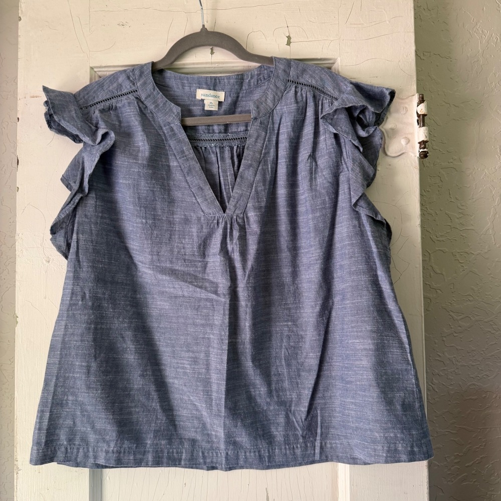 Sundance Blue Cotton Chambray Ruffle Flutter Sleeve V-Neck Blouse Petite Large
